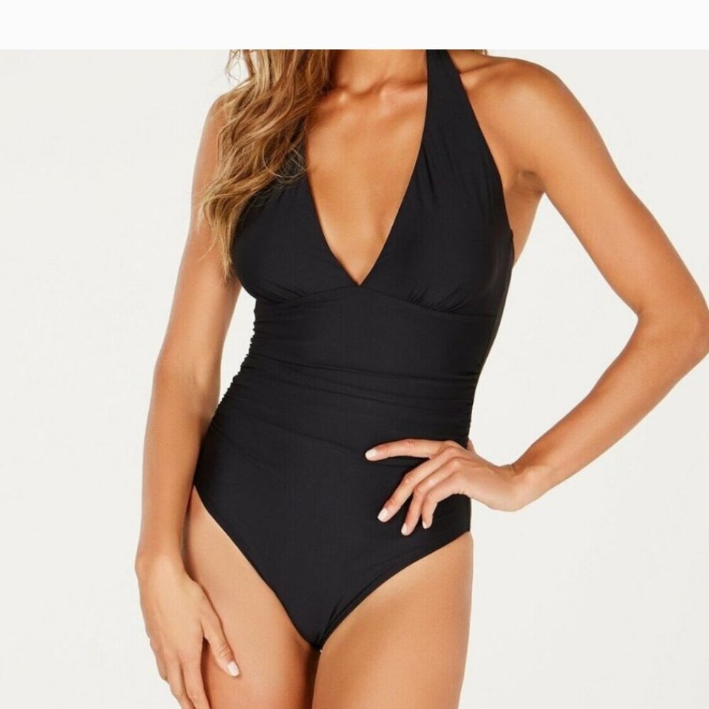 Tommy Hilfiger Woman's One-Piece Ridded Halter-Neck Plunge Swimsuit.